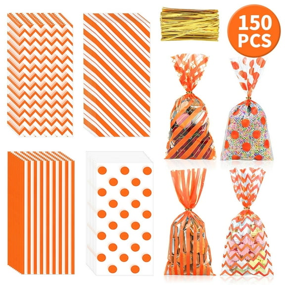 Fall Treat Bags Thanksgiving Cellophane Bags Harvest Treat Bags​ Orange Pumpkin Maple Candy Snack Bags Autumn Cookie Packing Decor with Twist Ties for Party Favor 150PCS Design 1