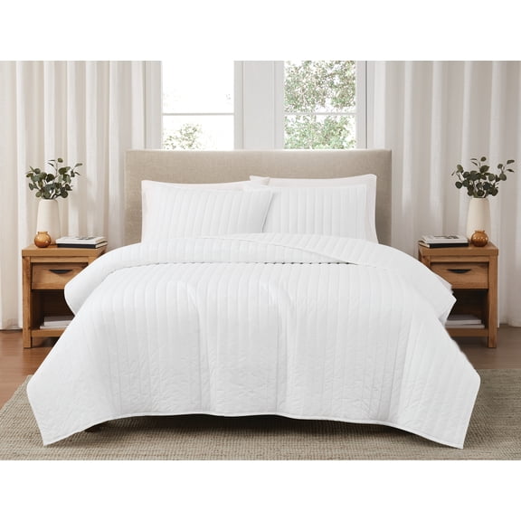 Brooklyn Loom Classic Solid 100% Cotton 200 Thread Count Percale White 3-Piece Full/Queen Quilt Set, Solid Casual themed, Adult Bedding, OEKO-TEX Certified