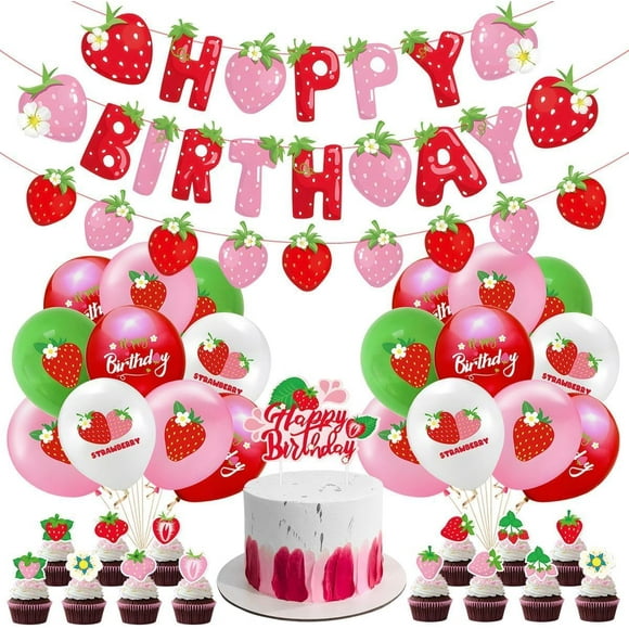 Strawberry Fruit Themed Birthday Party Decorations Include Strawberry Happy Birthday Banner, Cupcake Toppers, Cake Topper and Balloons for Kids Girl Party Supplies