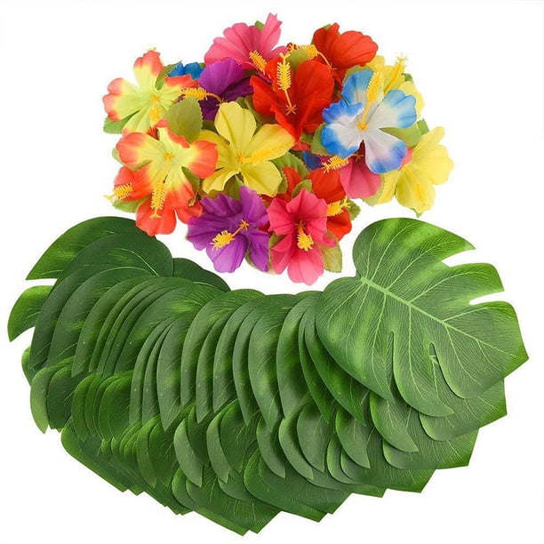 54 piezas de hojas verdes de 20 cm/8 pulgadas, 24 flores rojas y amarillas (10 cm) decoraciones para fiestas, plantas artificiales con espalda de tortuga, decoraciones para fiestas de cumpleaños
