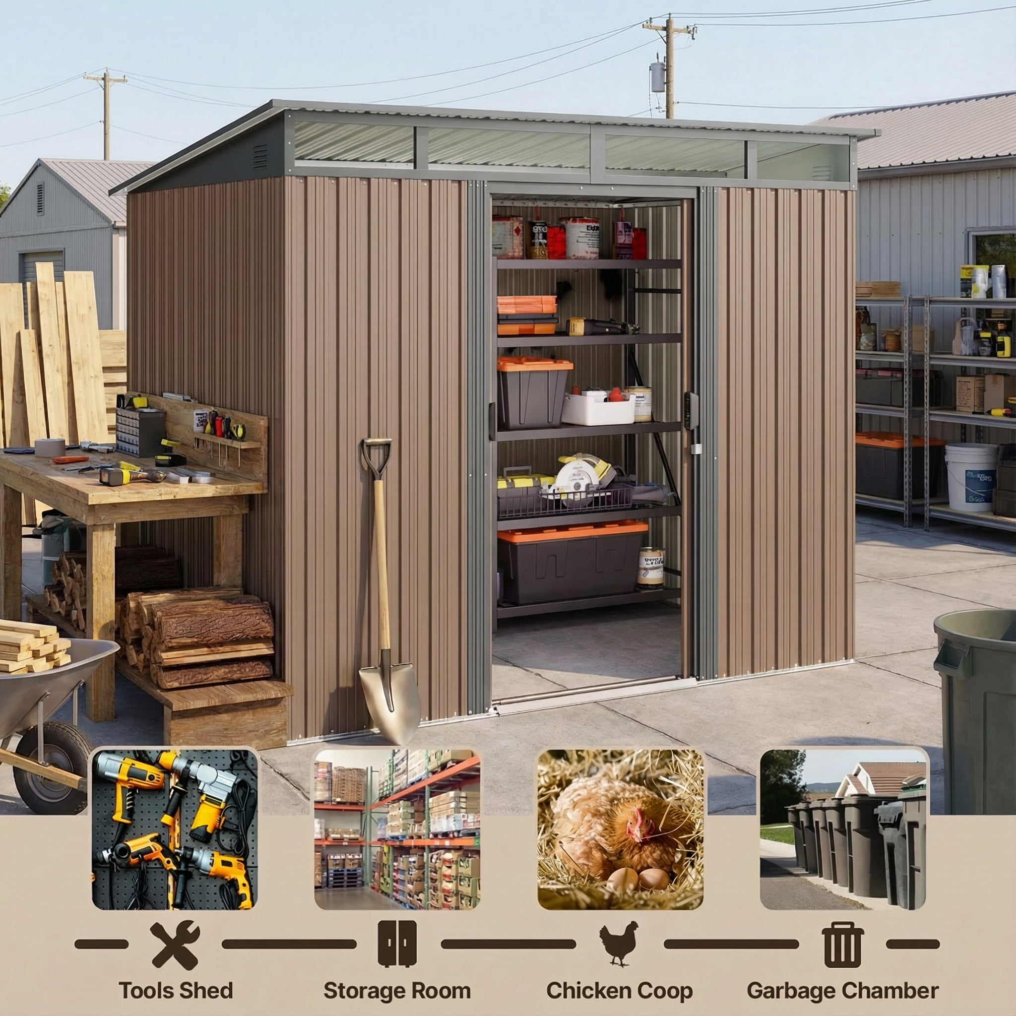 8x6 ft Outdoor Storage Shed with Double Lockable Doors - Weather-Resistant Garden Shed in Natural