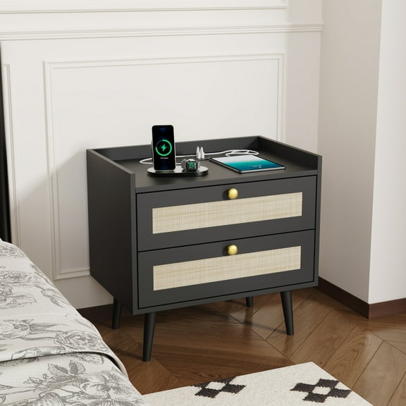 Rattan Nightstands with Charging Station, Set of 2, Modern End Tables with 2 Drawers,Boho Bedside Table with 2AC Outlets and 2USB Ports for Bedroom, Office and Small Spaces, Black