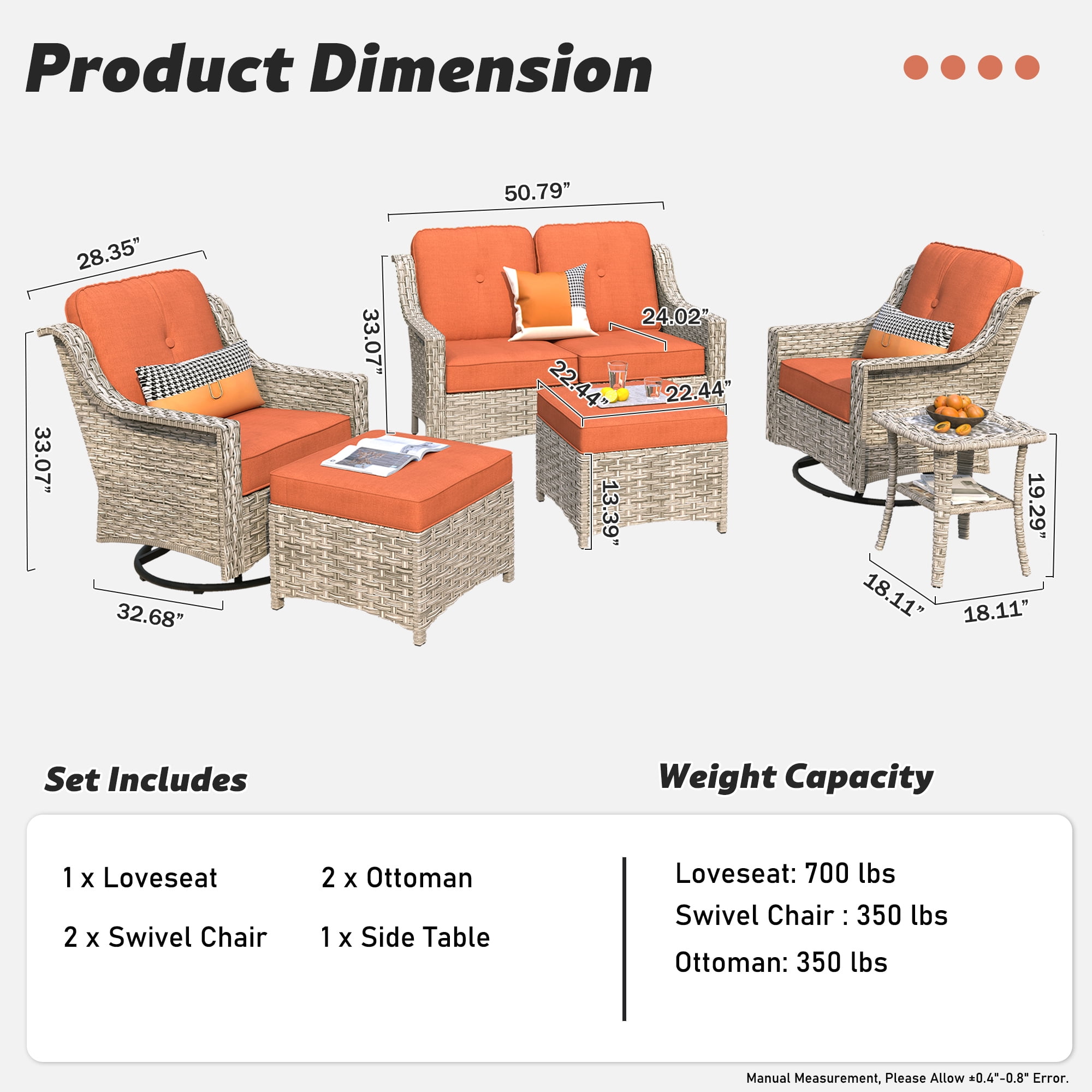 Ovios 6 Pieces Patio Furniture Set All-Weather Outdoor Sectional Patio Sofa Wicker Rattan Conversation Set with Swivel Rocking Chairs for Backyard