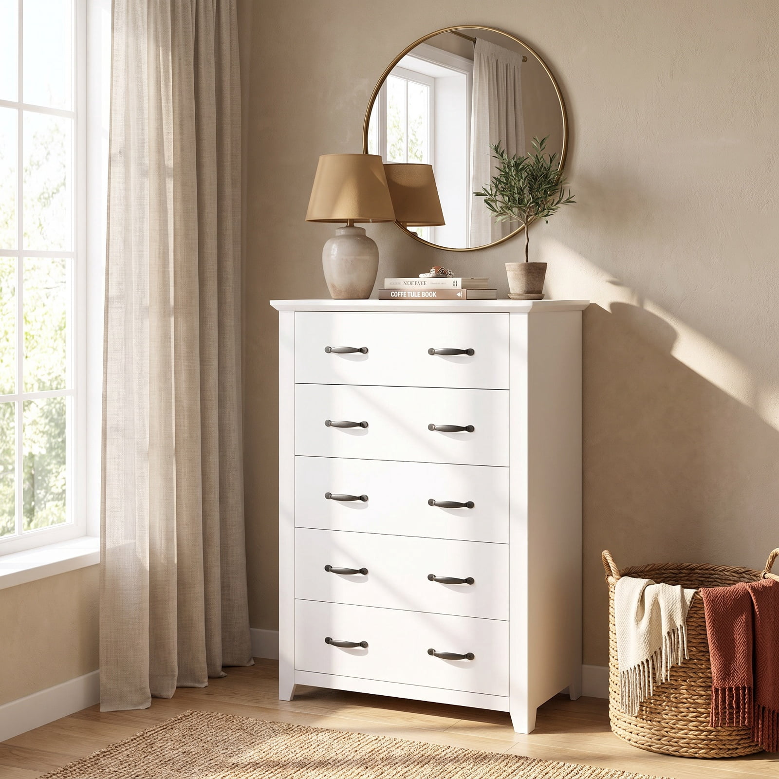 Furnibear Tall Storage Dresser with 5 Pull-out Drawers for Bedroom Living Room for Bedroom Closet Living Room Nursery Clothes Storage, White