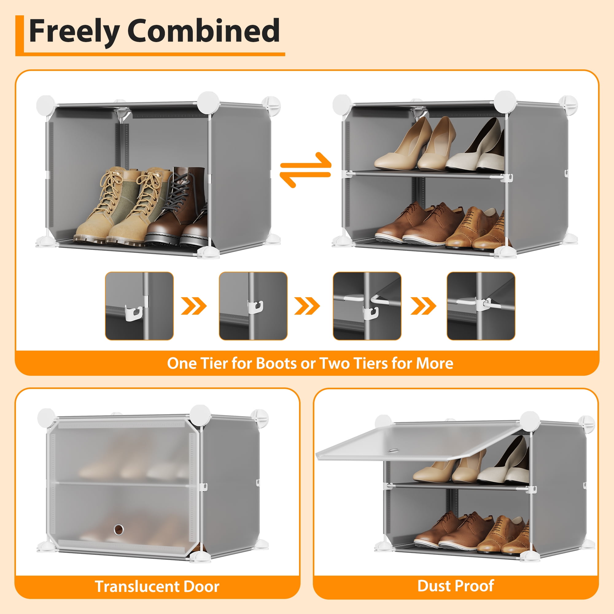 Modular 6-Cube Shoe Storage Cabinet with Doors – 6-Tier Plastic Shoe Organizer – Space-Saving – Easy DIY Assembly – for Entryway, Bedroom, Living Room – Gray