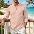 thumbnail image 4 of Awwp Men's Linen Cotton Shirt 3/4 Sleeve Stand Collar Casual Button down Shirts with Pocket Breathable Summer Shirts 8 Colors Available Vacation Beach Shirt Pink Size: M, 4 of 9