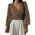thumbnail image 2 of Women'S Casual V Neck Wrap Sweater Pullover Long Sleeve Slim Fit Knit Crop Top Sweater Coffee S, 2 of 9