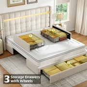 EnHomee Queen Size LED Bed Frame with 3 Storage Drawers Queen Platform Bed Frame Upholstered Bed Frame for Bedroom Beige