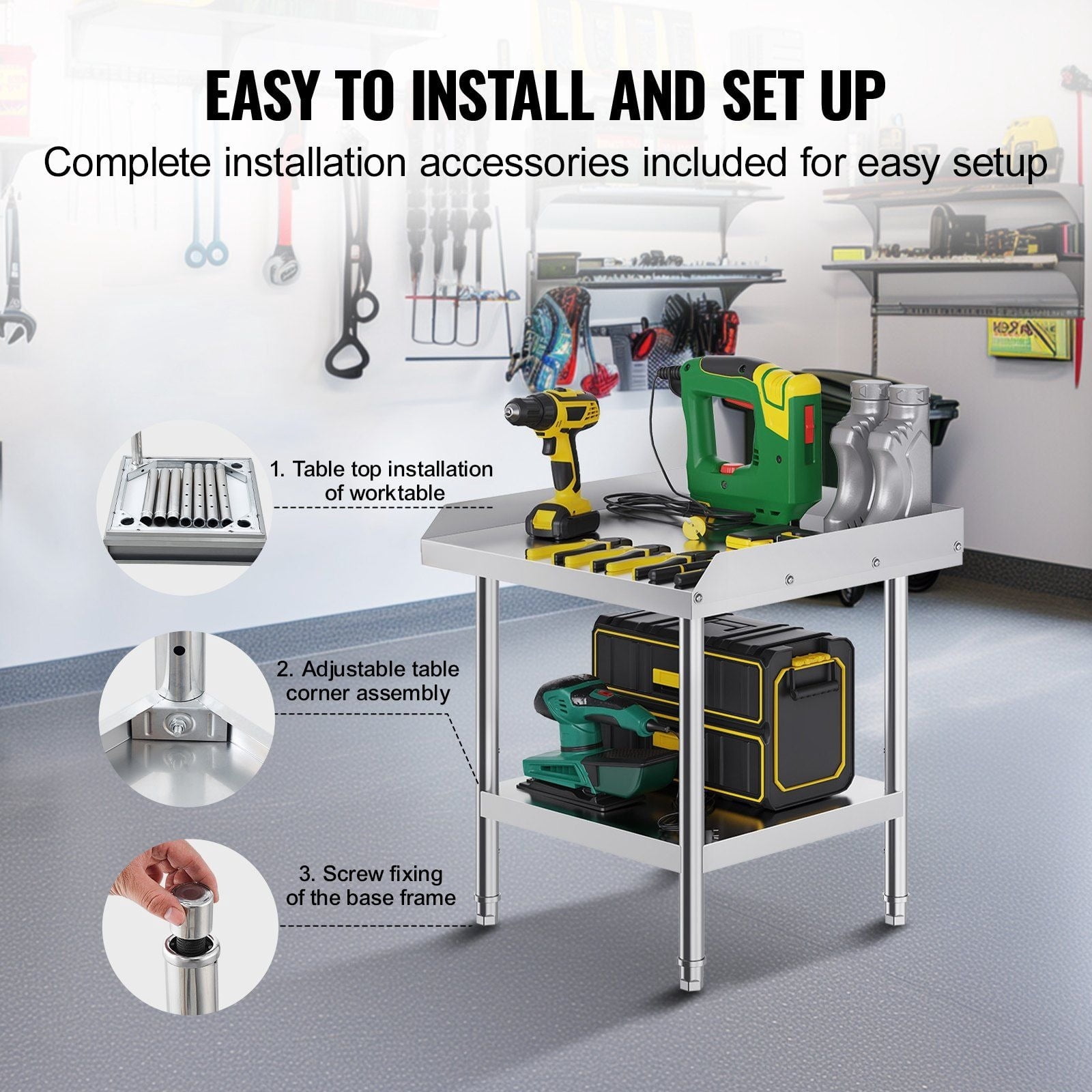 CAFORKP Heavy-Duty Stainless Steel Worktable, 24x24x26" w/ Adjustable Height & 3-Sided Backsplash