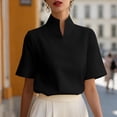 thumbnail image 6 of Women's Solid V-Neck Work Blouse Short Sleeve Stand Collar Business Casual Office Shirt, 6 of 7