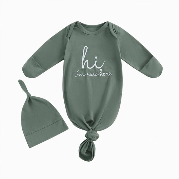 zaveiop Newborn Baby Boy Girl Sleep Gown Sleeper Knotted Nightgown Hat Pajamas Hospital Coming Home Fall Winter Outfit (Green, Newborn)
