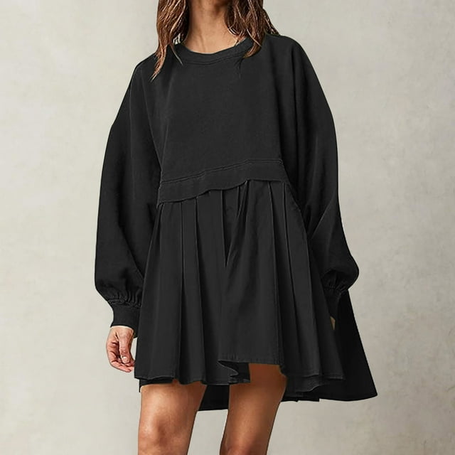 EGNMCR Robes de Fête pour Femmes Mode Chandail Décontracté Surdimensionné pour Femmes Robe à Manches Longues Col Rond Mini-Robes Patchwork pour Dames