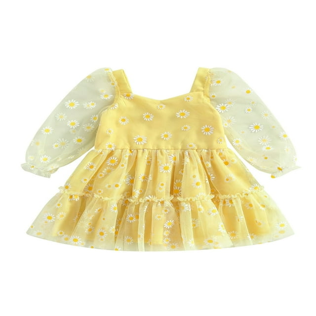 Robe Trapèze pour Bébé Fille, Imprimé Marguerites, Manches Longues, Tulle en Maille, Robe de Fête