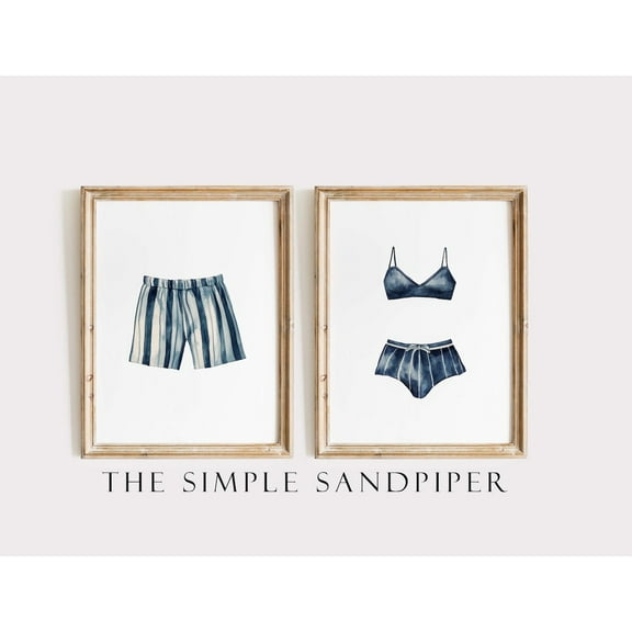 Luvia Vintage Swimsuit Set, Navy Striped Shorts & Indigo Bikini,S, Minimal Coastal Decor, Beachwear, Modern Wall Decor Set 2 Prints 8x12 UNFRAMED