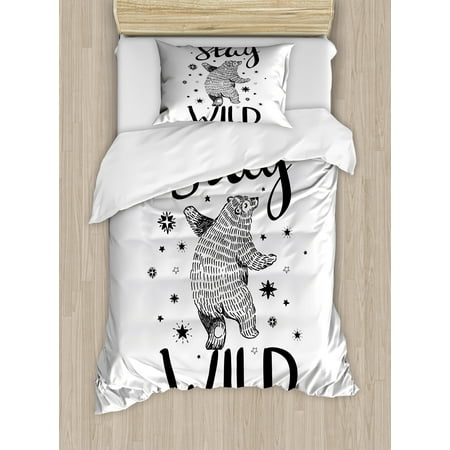 Twin Dancing - Bear Twin Size Duvet Cover Set, Dancing Bear in Hand Drawn Style with Cute Little Stars Stay Wild Inspirational Quote, Decorative 2 Piece Bedding Set with 1 Pillow Sham, Black White, by Ambesonne