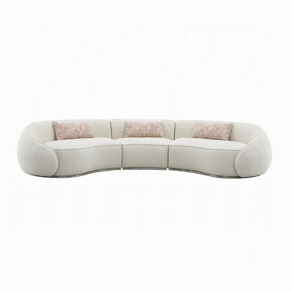 Sarah Sectional Sofa, 3 Pillows, Beige Boucle Fabric, Curved Shape