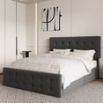 thumbnail image 1 of Tamaño completo-size marco de cama: 4 almacenamiento cajones, cabecero, linen forrado platform, de madera slats support, no box spring, button tufted design, dark gris, 1 of 7