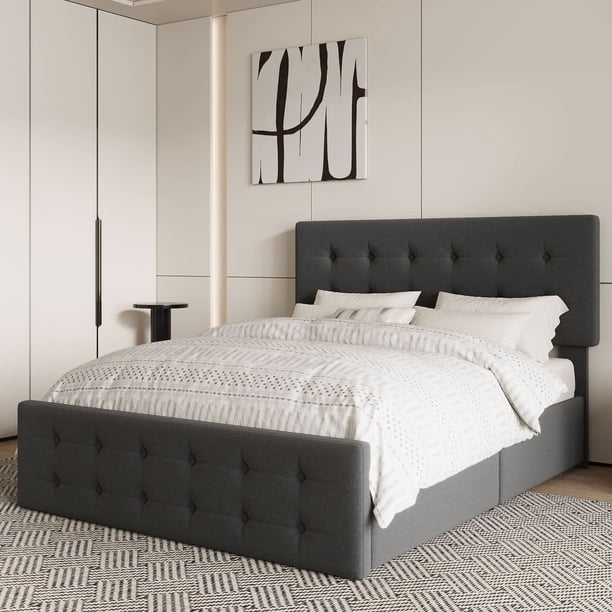 Tamaño completo-size marco de cama: 4 almacenamiento cajones, cabecero, linen forrado platform, de madera slats support, no box spring, button tufted design, dark gris