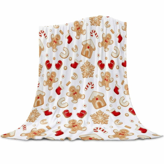 Christmas Gingerbread Man Flannel Blanket for Bed,Travel and Camping, Winter Snowflake Food White Super Soft Cozy Blanket for All Seasons 32"x48"
