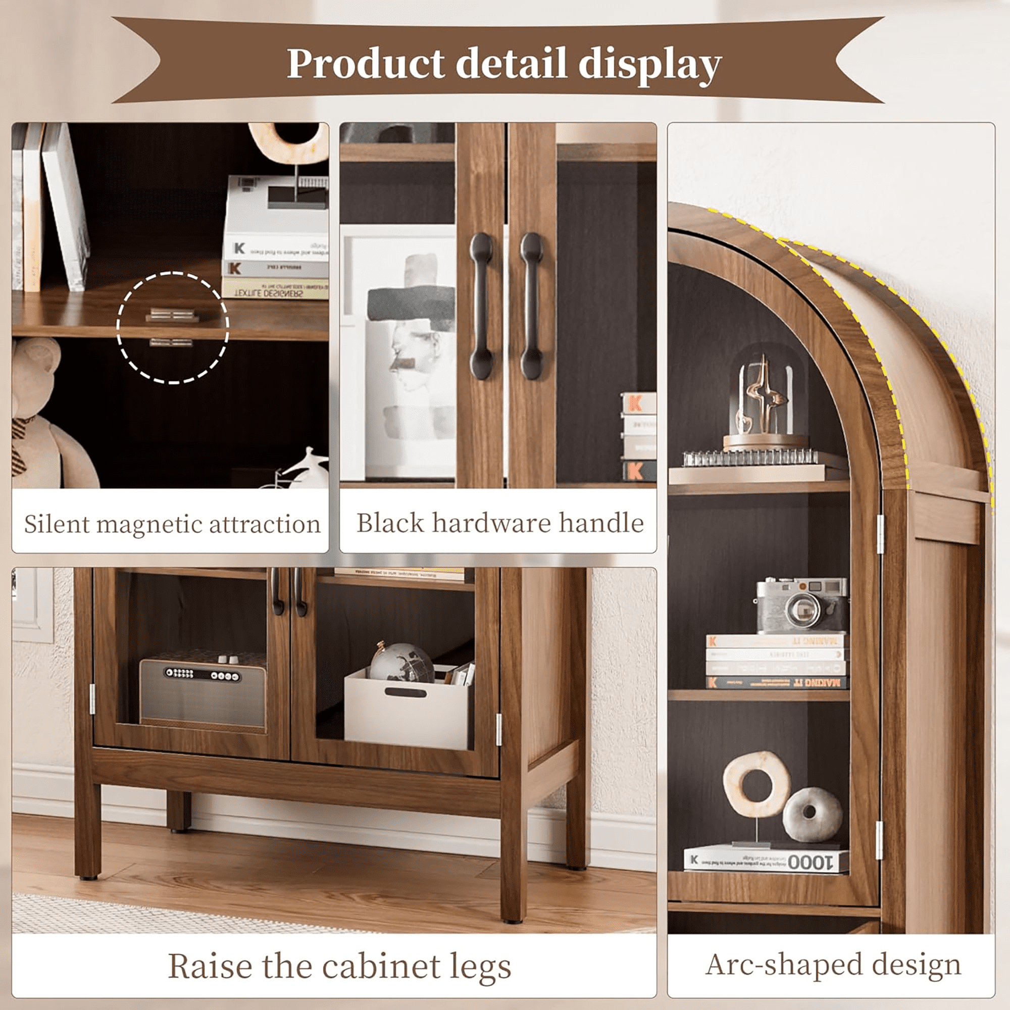 70.9"Tall Arched Display Cabinet with Acrylic Glass Doors, Modern Farmhouse Kitchen Pantry Cabinet, 5-Tier Versatile Cupboard for Living Dining Room(Walnut, 31.5"W)