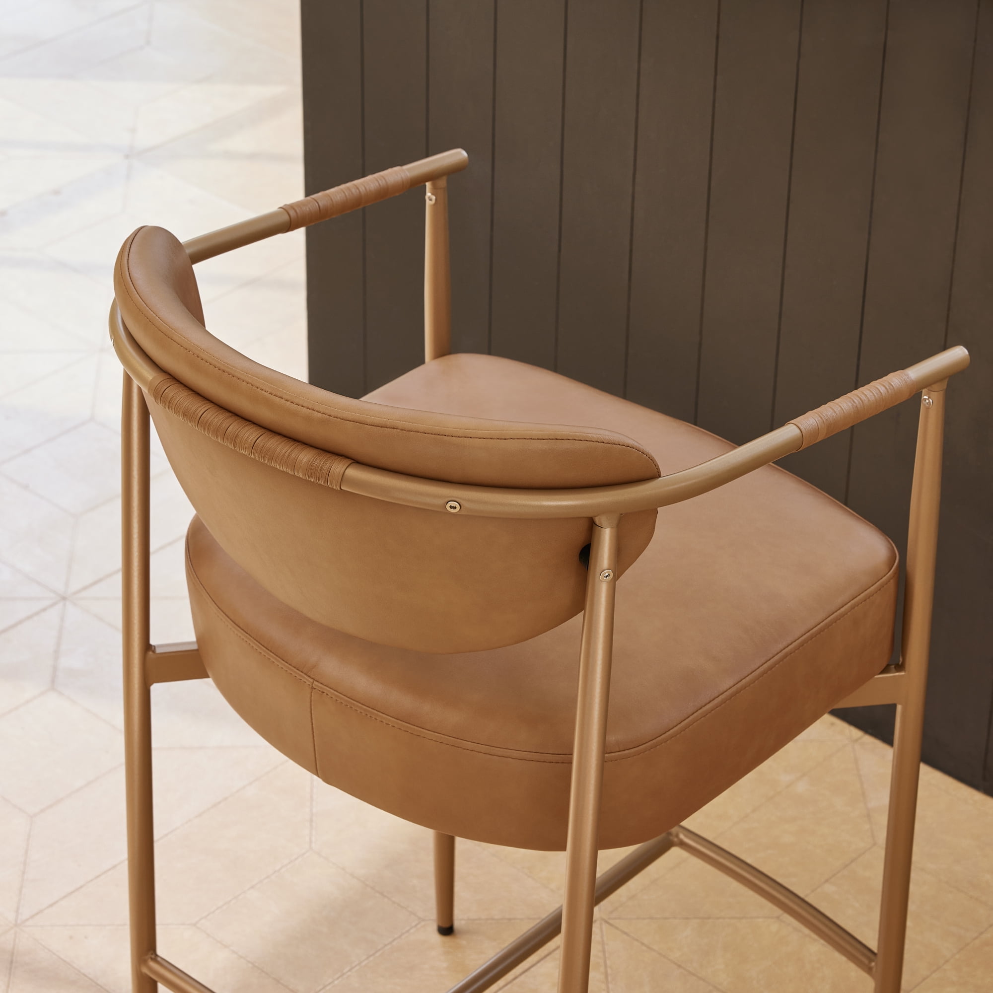 Spruce & Spring Modern Counter Bar Stool with Woven Strap Arms & Gold Metal Frame Set of 2, Brown with Gold Frame