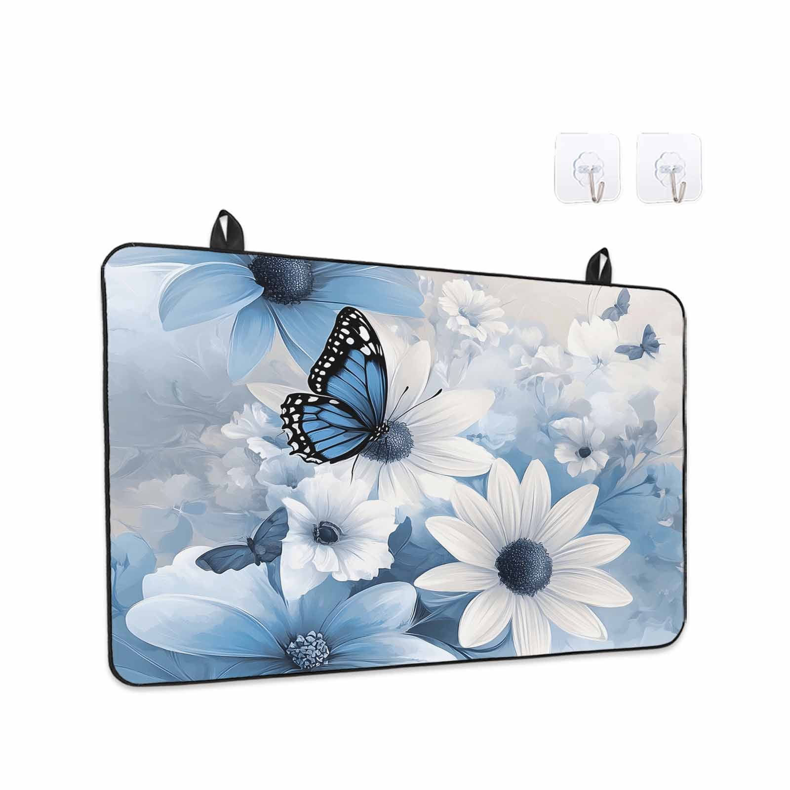 Blue White Floral Stove Top Cover for Electric Stove, Heat-proof & Non Slip Glass Top Stove Cover Protector, Elegant Rustic Butterfly Botanical Kitchen Flat Cooktop Rubber Mat 24x21 Inches