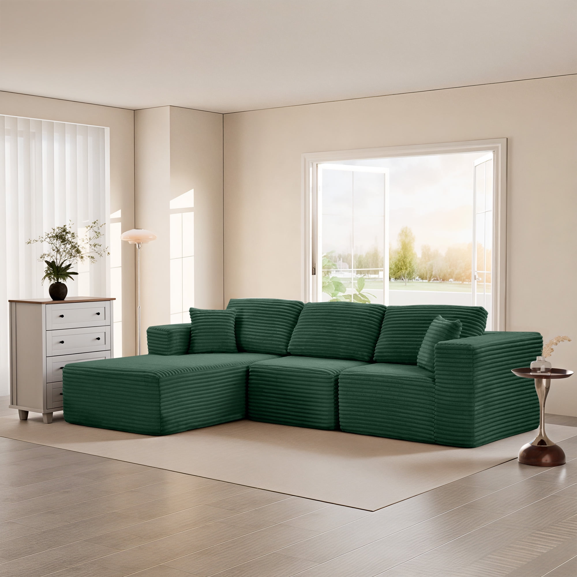 MAYEERTY Corduroy Sectional Couch, Comfy Modular Compression Sofa for Apartment & Living Room, 104×67" Green