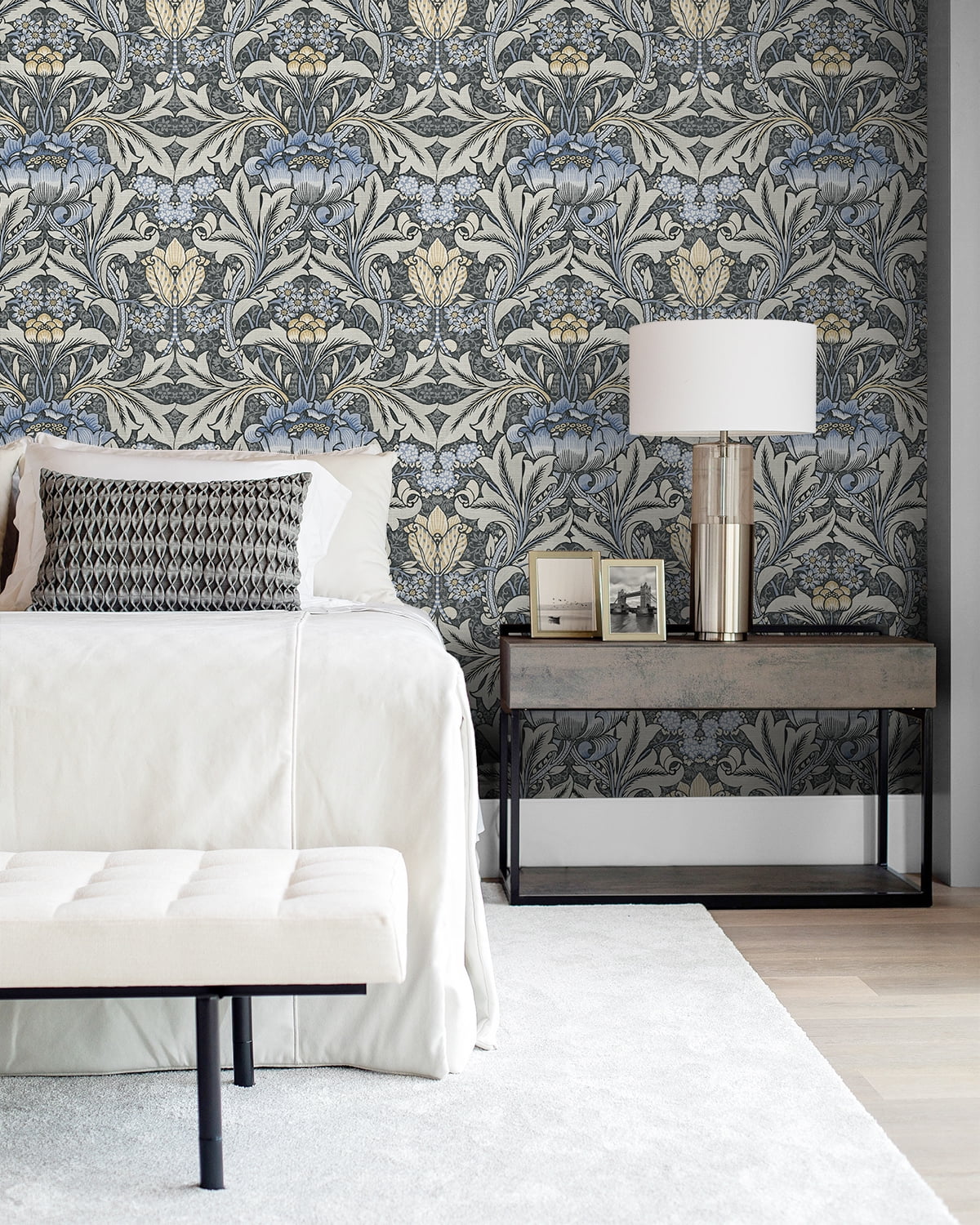 NextWall Charcoal & Carolina Blue Acanthus Floral Peel and Stick Wallpaper