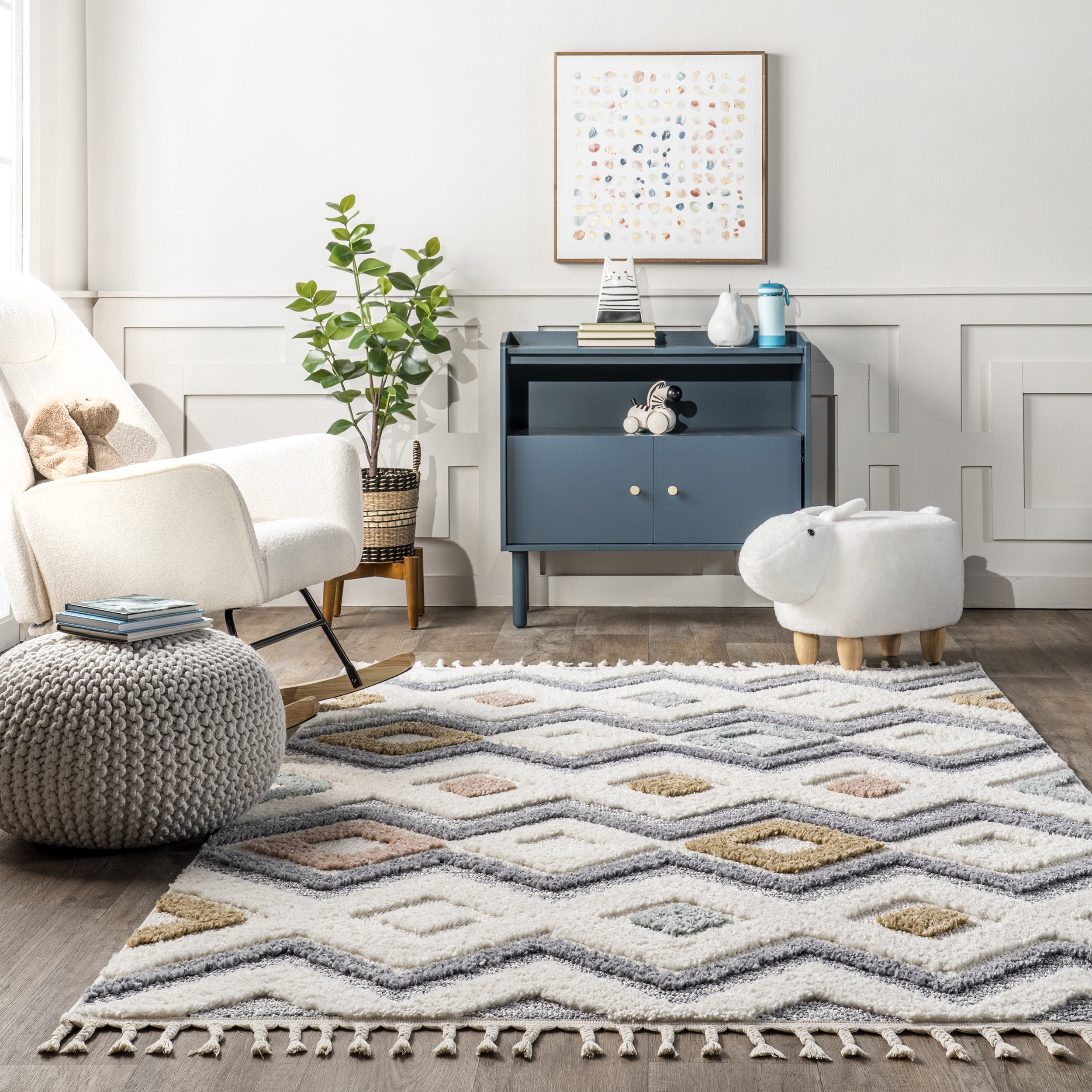 nuLOOM Kirsty Colorful Checkers Kids Tassel Area Rug, 5' x 8', Beige