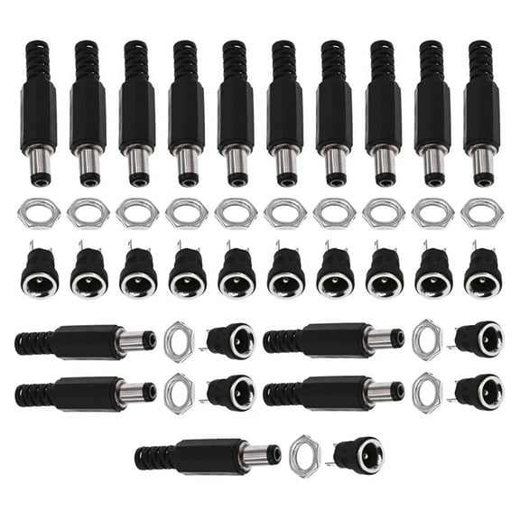15 Sets DC Power Connectors 5.5mm Plugs Male and Female Jack Sockets Screw Nuts Panel Mount Adapters