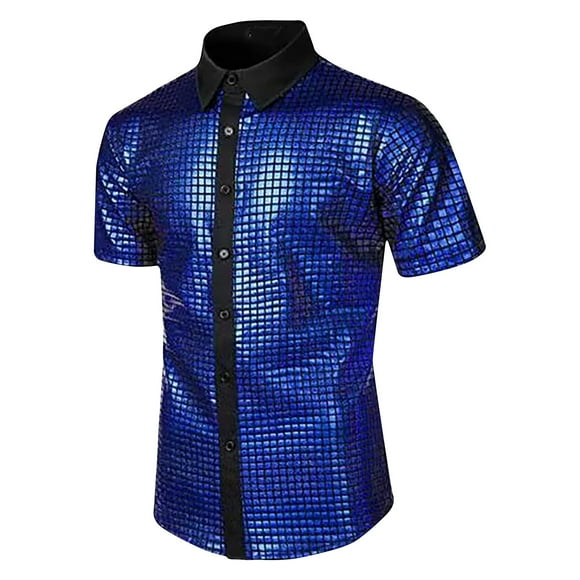 Pisexur Mens Shirts Sparkle Sequin Party Shirts Casual Button Down Short Sleeve Disco Tops Fashion Shiny Turndown Collar 70s Outfit Shirts