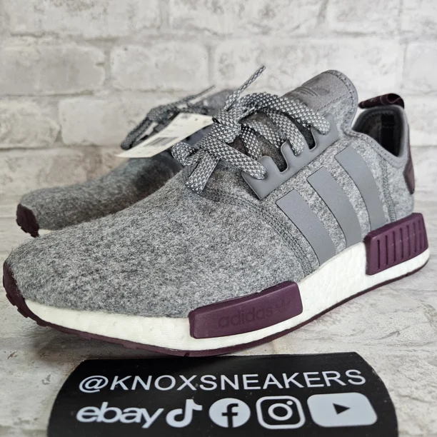 Adi-das NMD R1 Grey Wool 3M Maroon Boost Sneaker CQ0761 Men's Size 8.5