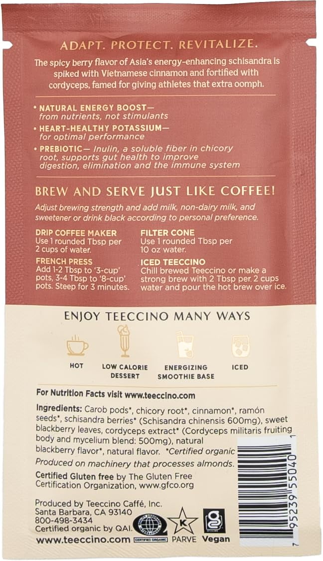 Teeccino Mushroom Adaptogen Herbal Coffee Sampler - 6 Trial-Size Packets, Medium Roast, Caffeine Free, Prebiotic