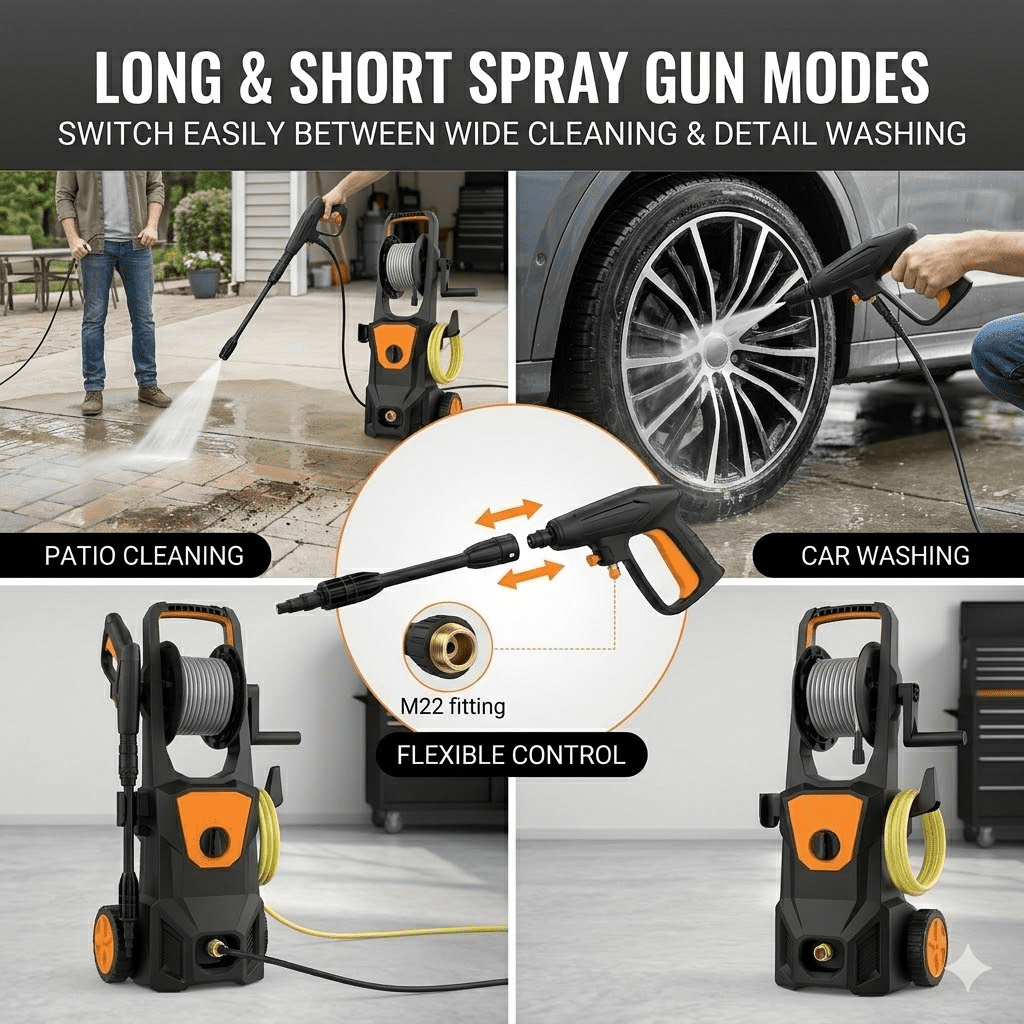 Electric Pressure Washer, 1600W Portable Power Washer with Hose Reel, Foam Cannon, Spray Gun, 7M High Pressure Hose & Quick Connect Kit, Pressure Washer Electric for Cars, Driveways, Patios &
