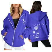 WZXFASHION Hoodie Women Dandelion Drawstring Pockets Hoodies Sweatshirts Winter Fall Jackets Zipper Coat Clearance pullover sweater