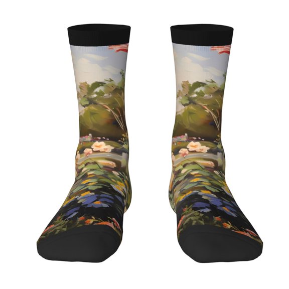 Uemuo American Flag Rose Garden Pattern Women's Crew Socks, Soft Durable Breathable Moisture-Wicking with Odor Control Cotton socks