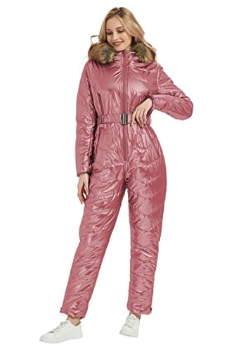 Giolshon Women Ski Suit Jumpsuit Winter Trendy Hooded Onesies Outdoor Sports Waterproof Snowsuit with Removable Faux Fur Collar