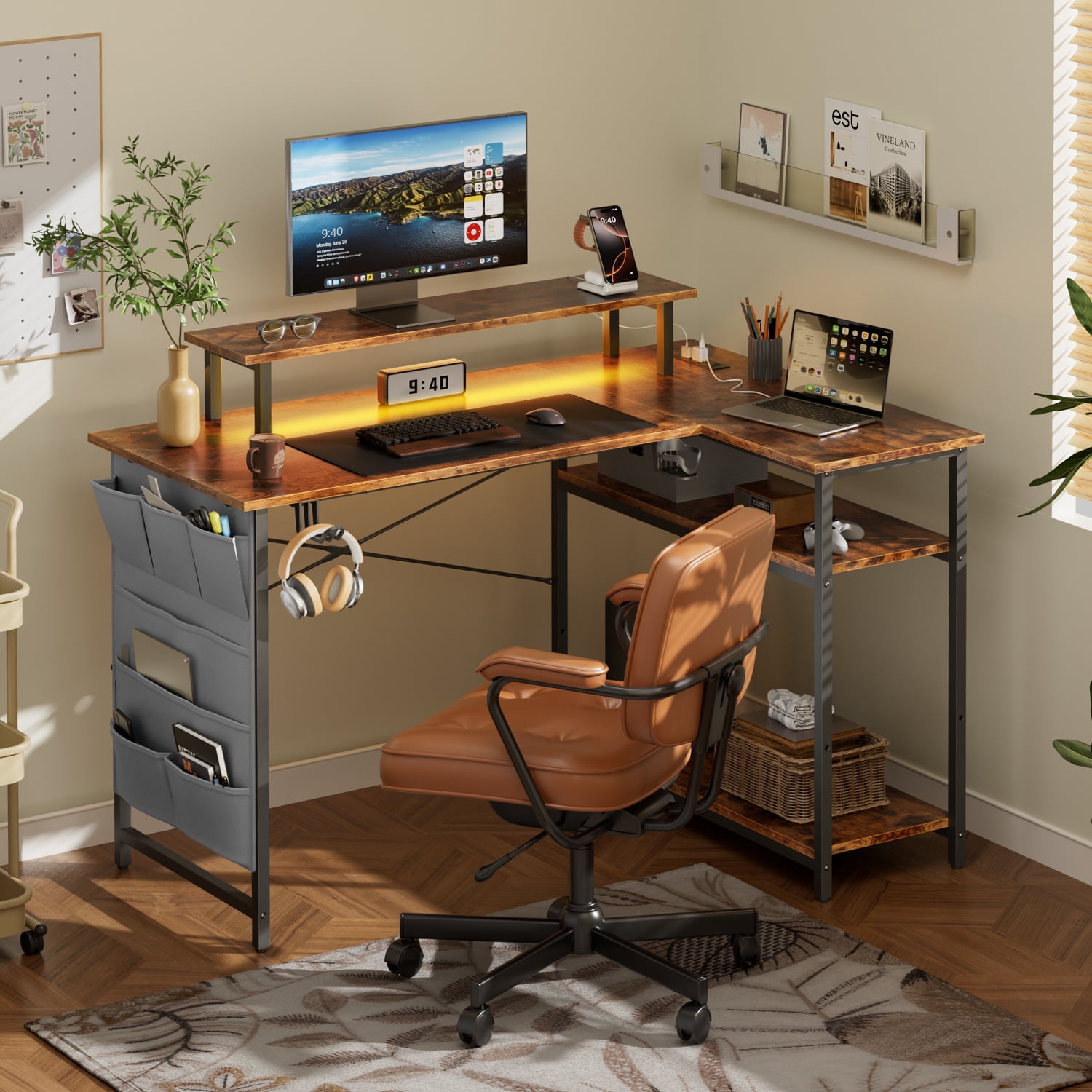 HLDIRECT 43 Inch L Shaped Computer Desk with Power Outlet, Gaming Corner Desk with LED Lights, Home Office Table with Storage Shelves & Monitor Stand, Rustic Brown