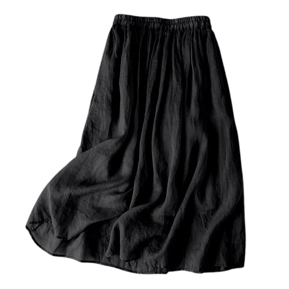 Women's Vintage Linen Midi Skirt - Elastic Waist Solid Color Summer Skirt, Polyester, M-XXL Sizes