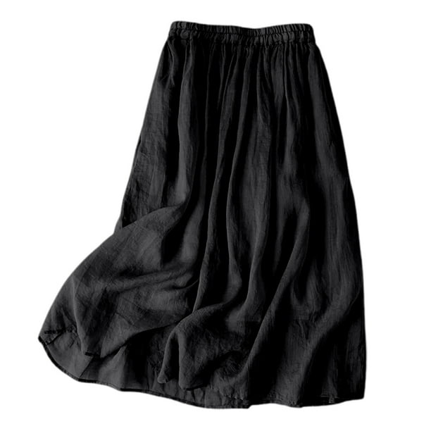 Falda midi vintage de lino para mujer: falda de verano de color liso con cintura elástica, poliéster, tallas M-XXL.