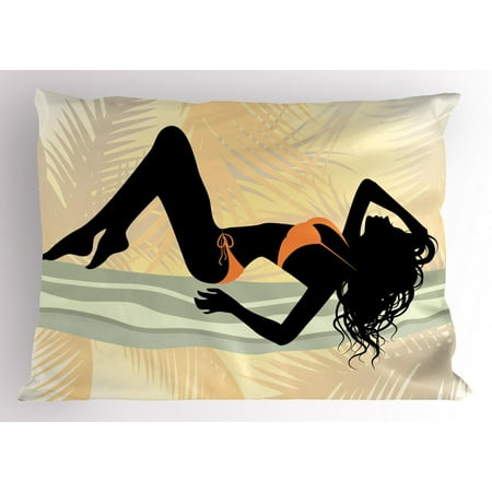 Pin up Girl Pillow Sham Long Curly Haired Young Lady with Bikini Posing Figure, Decorative Standard Size Printed Pillowcase, 26 X 20 Inches, Pale Orange Blue Grey and Black, by (Best Pillowcase For Curly Hair)