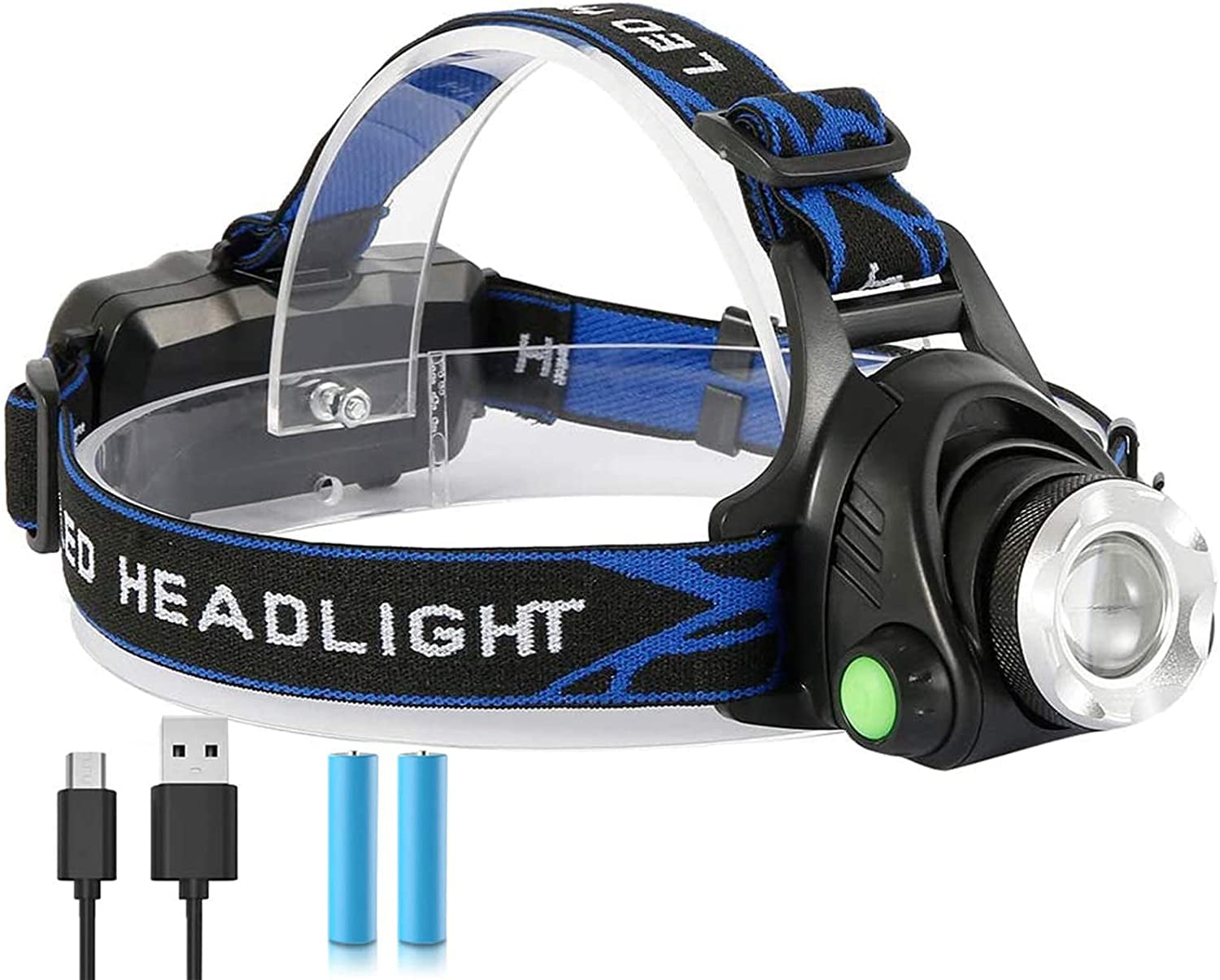 Headlamp Rechargeable Headlamp for Adults,USB Head Lamp with two 18650 Batteries，90° Adjustable IPX4 Waterproof Headlamp，4 Modes Lightweight Headlamps for Outdoor Camping Running Fishing 