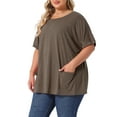 thumbnail image 4 of Blusa casual de talla grande para mujer Agnes Orinda, con cuello redondo, manga corta, color sólido, verano, con bolsillos, 1X café, 4 of 6