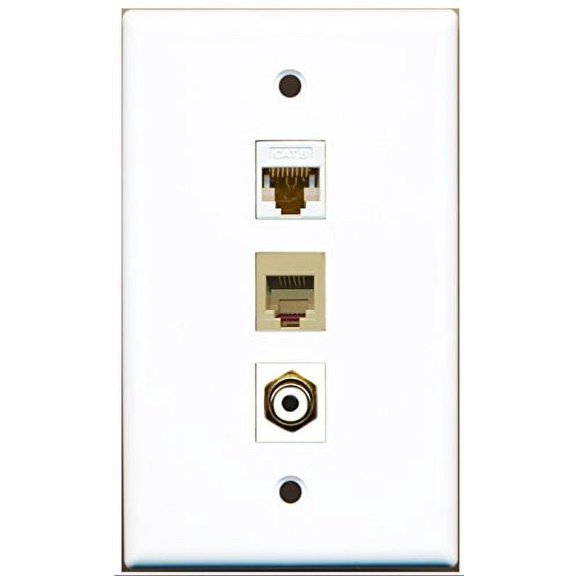RiteAV - 1 Port RCA White and 1 Port Phone RJ11 RJ12 Beige and 1 Port Cat6 Ethernet White Wall Plate