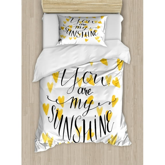 Motivational Duvet Cover Set Twin Size, Watercolor Effect Hearts Background with Calligraphy Quote, Decorative 2 Piece Bedding Set with 1 Pillow Sham, Earth Yellow Black and White, by Ambesonne