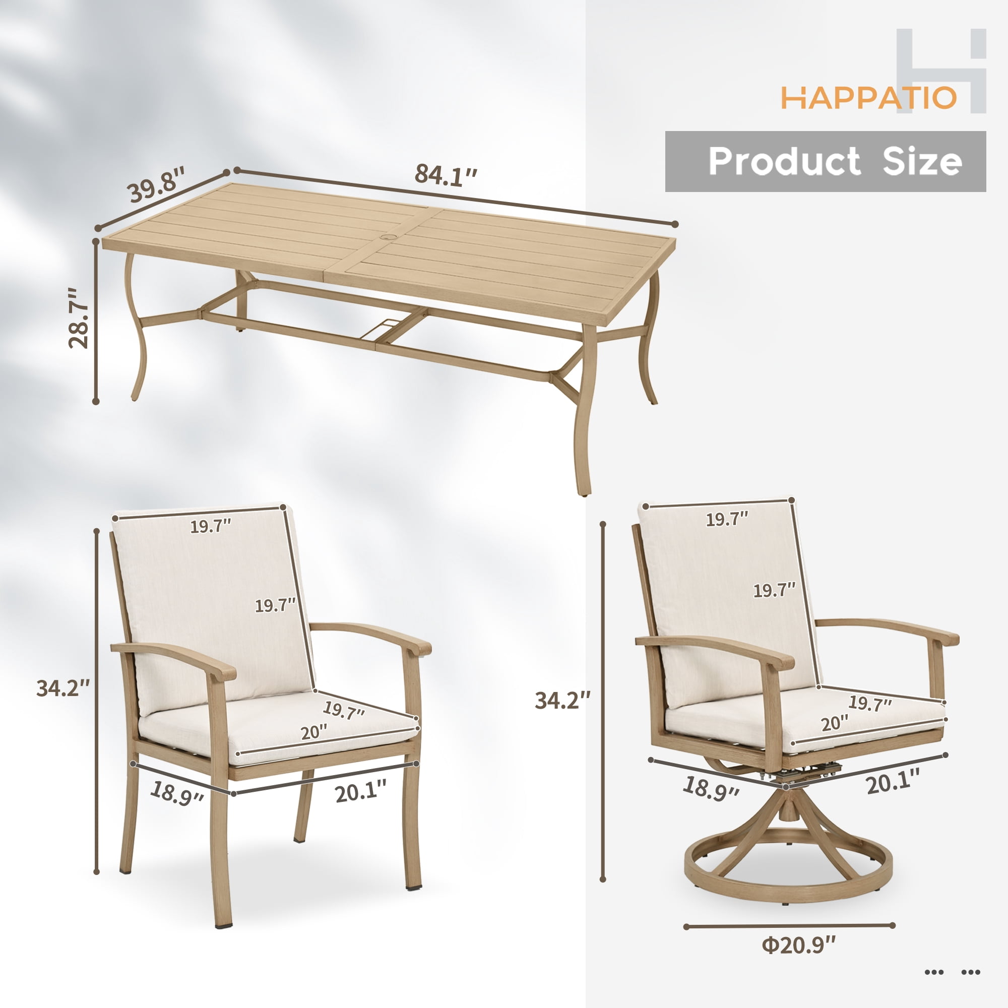 HAPPATIO Aluminum 9 Piece Patio Dining Sets, Outdoor Dining Set for 8, Patio Furniture Sets, 2 Swivel Dining Chairs, 6 Dining Chairs, Aluminum Furniture Set for Patio, Yard (Beige)