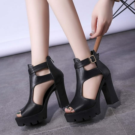 

YODETEY Fashion Women s High Heels Shoes Solid Color Metal Buckle Roman Shoes Open Toe Chunky High Heels Shoes Fish Mouth Hollow Casual Shoe Black