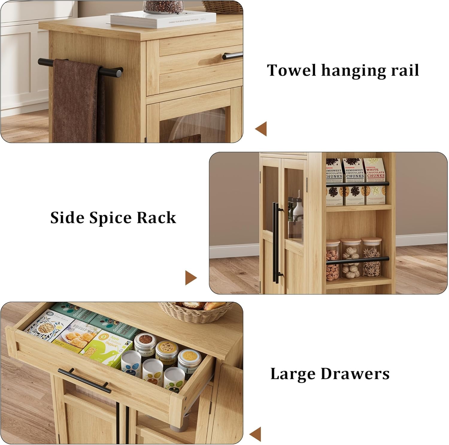 WALYWIK Rolling Wooden Kitchen Island with Drawer, Kitchen Cart with Storage Cabinet on Wheels, Thicker Wooden Top Portable Trolley Island with 3 Spice Rack for Kitchen, Dining Room, Natural Oak