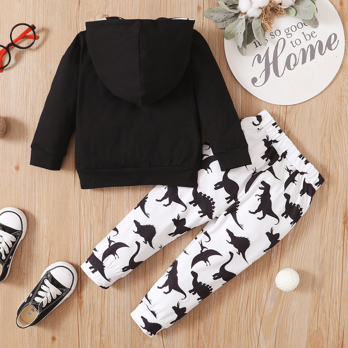Toddler Boys Outfits 4T Toddler Boy Autumn Winter Outfits 5T Toddler Boy Black And White Dinosaur Print Hooded Long Sleeve Top + Pants 2PCs Set