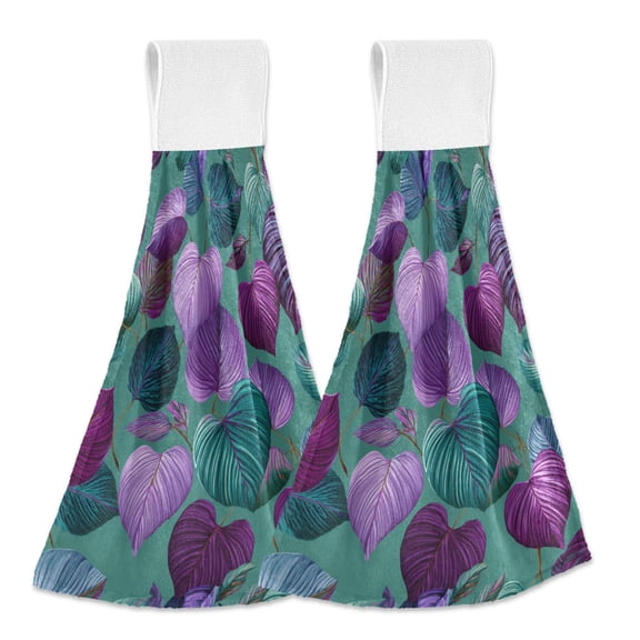 Dark Green Purple Leaves Hanging Towels with Loop Hand Towels Nylon Fastener Tape Design Dish Cloths 2 Pieces